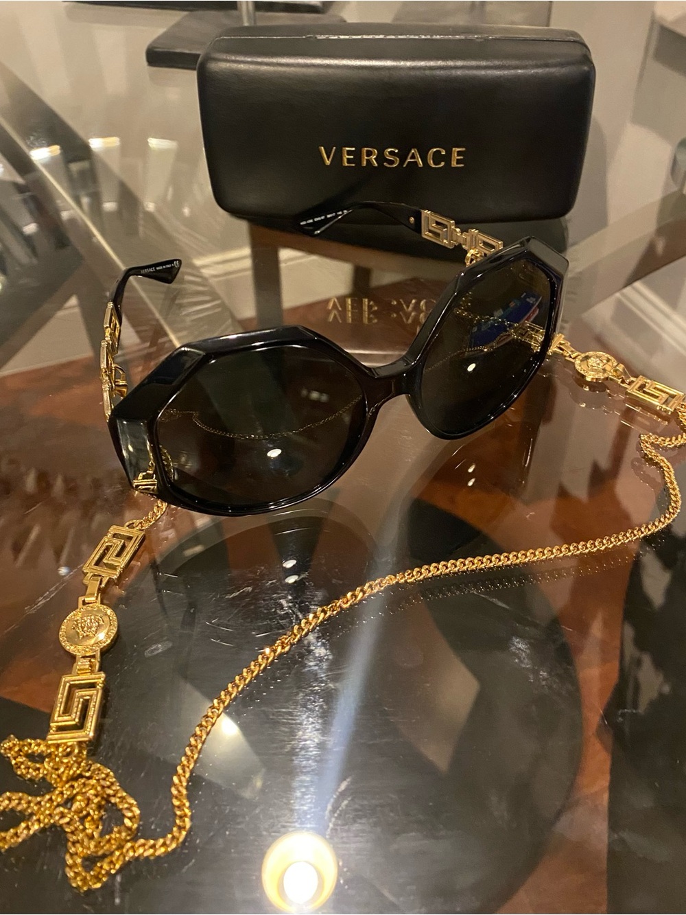 Versace Black Octagonal Sunglasses with Gold Chain Strap